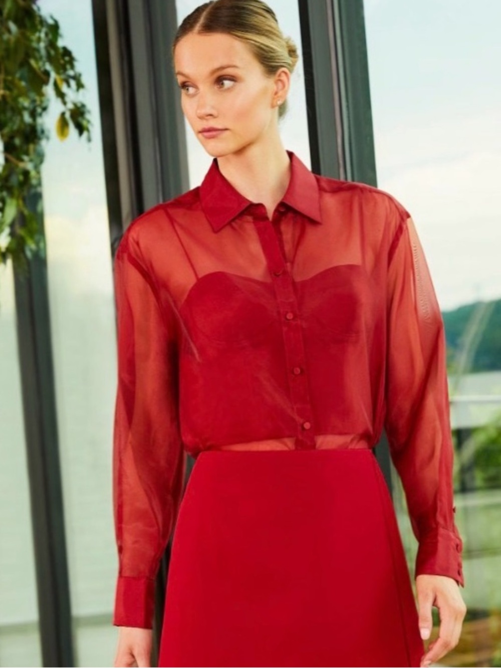 ANTONIO MELANI Priscilla Sheer Red Button-Down Blouse with Bustier Fits Size 6